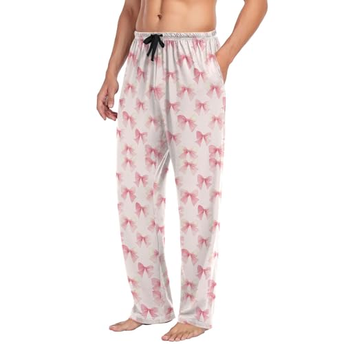 Men’s Pink Bow Pajama Pants with Pockets, Comfortable Lounge Sleep Bottoms#9734