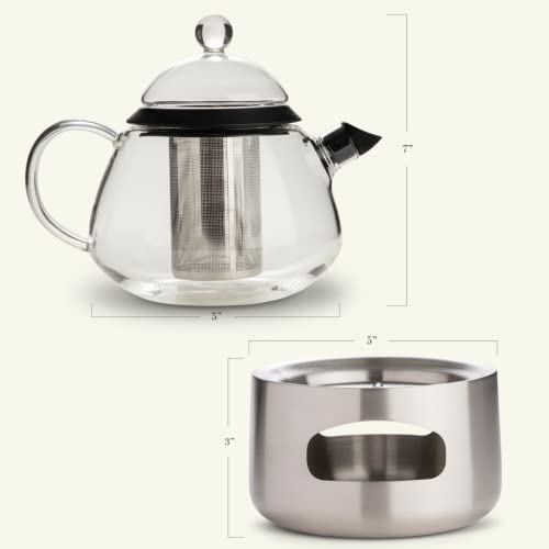 Elfin Glass Teapot Set with Infuser and Warmer - 28oz/800ml Danish Designer Clear Tea Pot for Loose Leaf and Bags - Stylish Stainless Steel Warmer Included