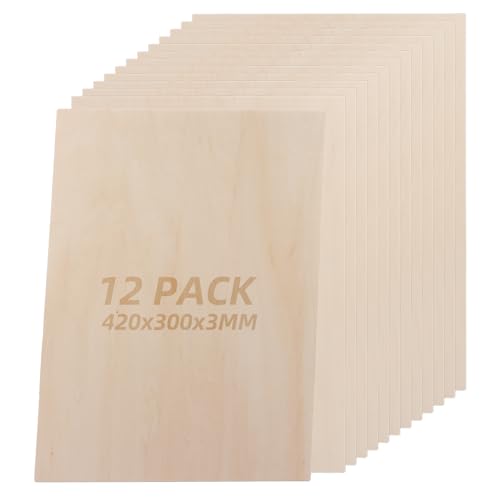 CYEER Lot de 12 feuilles de contreplaqué de 420 x 300 mm, 3 mm, planches de contreplaqué fines pour travaux manuels, bricolage, gravure sur bois, projets laser, modélisme, décoration, peintures CYEER Lot de 12 feuilles de contreplaqué de 420 x 300 mm, 3 mm, planches de contreplaqué fines pour travaux manuels, bricolage, gravure sur bois, projets laser, modélisme, décoration, peintures