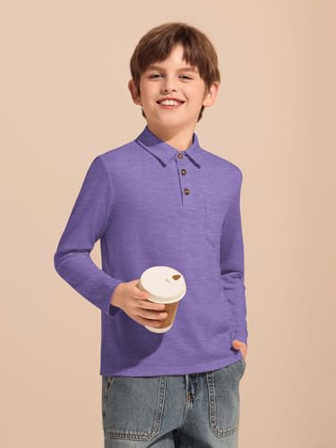 Image of Haloumoning Boys Long Sleeve Polo Shirts Kids Casual Button School Uniform Shirts with Chest Pocket 5-14 Years