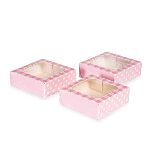 Anniversary House 3-pack Pink Treat Boxes Gingham and Polka Dot Print Cookie and Favour Boxes Strong Sturdy 3.8 x 11.4 x 11.4 CM J154