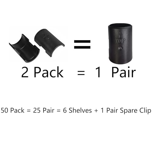 Image of WAFJAMF 50 Pcs 25 Pairs Wire Shelving Shelf Lock Clips for 1 inch Post Black | Durable plastic rack sleeves replacements fits 1 inch metal poles with layer height adjustment stability