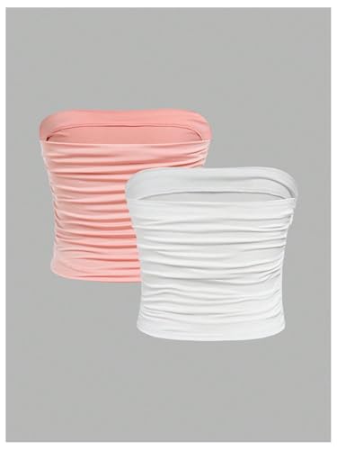 Image of Floerns Girl's 2 Piece Strapless Tube Top Ruched Basic Sleeveless Undershirt