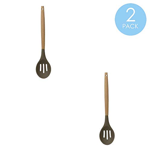 Home Basics Karina High-Heat Resistance Non-Stick Safe Silicone Slotted Spoon with Easy Grip Beech Wood Handle Grey 2