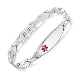 LinnaLove Fashion Shiny medical alert bracelet with Free Engraving Stainless steel Medical id bracelet for Women (Front-Silver, Inches, 7.50)