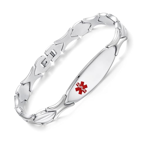 LinnaLove Fashion Shiny medical alert bracelet with Free Engraving Stainless steel Medical id bracelet for Women (Front-Silver, Inches, 7.50)