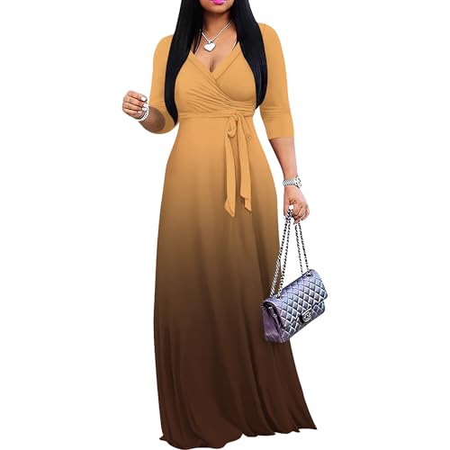 Image of PinkPatty Women's Plus Size Maxi Dresses Casual Flowy 3 /4 Sleeves Dress Printed Vacation Dress for Daily Wear with Belt