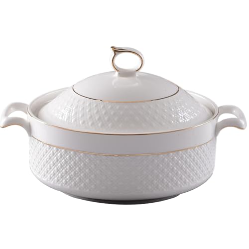 Hilai Zuppiera in Ceramica, Ciotole da Portata Bianche da 1, 5 Litri con Bordo Dorato Zuppiera a Doppio Manico con Coperchio e Set di mestoli per Pasta, per Cucina