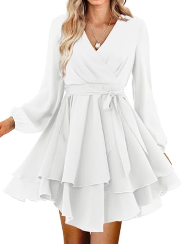 Image of Women Wrap Dress Casual Mini V Neck Fall Long Sleeve Wedding Guest Dresses with Belt