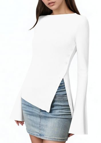 OLAPTA Women Asymmetrical Button Down Ribbed Knit Tops Long Sleeve Side Split Boat Neck Slim Fit Side Button Up Casual Shirts