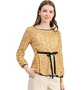 Allegra K Women's Elegant Tie Waist Long Sleeve Top Lace Peplum Blouses