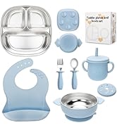 MISSLILI Stainless Steel Kids Plates and Bowls Set with Suction, Divided Baby Plate and Toddler B...