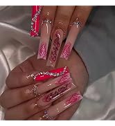 Valentine's Day Press on Nails Long Coffin Fake Nails with Rhinestones Red Heart English Design F...