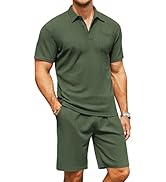 COOFANDY Men's Waffle Knit Polo Shirt and Shorts Set 2 Pieces Outfits Summer Suit Casual Tracksui...