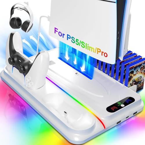 ps5 cooling station for ps5slimpro disc digital consoleps5 fan cooling fan with dual ps 5 controller charger3 level fan rgb light12 slot ps5slimpro stand for playstation 5 console accessories