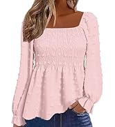 Flamingals Women's Elegant Square Neck Peplum Blouse Long Sleeve Ruffle Smocked Shirred Shirt