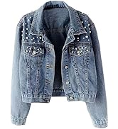 Ankecity Oversize Pearl Embroidered Women's Ripped Distressed Casual Long Sleeve Denim Jacket Coat