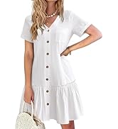 HOTOUCH Women Button Down Dress Loose Summer Cotton Linen Dress Ruffle Hem Casual Dress Short Sle...