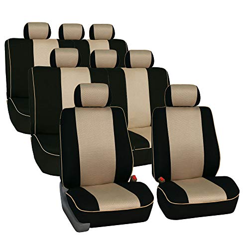 TLH Edgy Piping Style 3 Row 8 Seater Automotive Seat Covers Airbag Compatible Split Bench Car Seat Protector Beige Color Universal Fit Seat Cover Set for for Cars Auto Trucks SUV