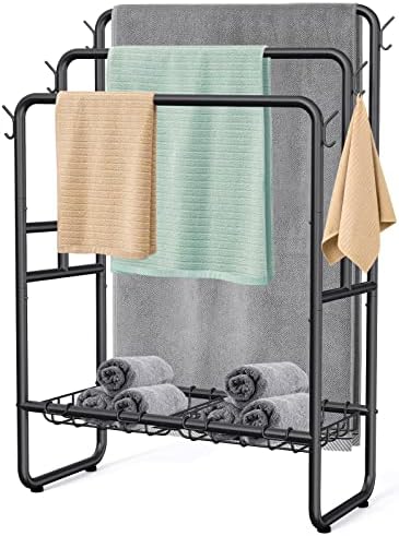 Kayfia 40 Tall Standing Towel Racks. 3 Tier Towel Stand Blanket Rack with 2 Removable Storage Ba...