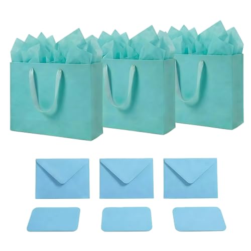 JUNESHE Teal Gift Bags Set of 3, 13.8 inch Paper Bag with Handles Matching Card Envelop Sticker Tissue Paper for Party Shopping Birthday Wedding Anniversary Turquoise