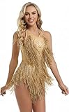 FANCISSORS Sparkly Gold Rhinestones Tassel Bodysuit Fringes Dance Leotard Women's Birthday Party Showgirl Outfit 1