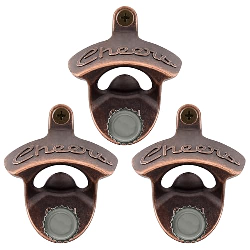 Luwanburg Wall Mounted Bottle Opener Cheers Magnetic Beer Cap Opener Post Mounted Antique Copper for Wood Cooler (Pack of 3)