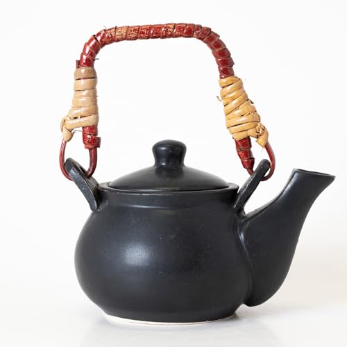 KALAKRITI Matte Black Ceramic Kettle with Red Cane Handle | Tradi...
