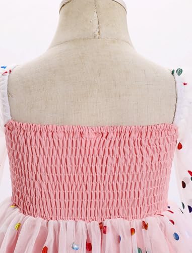 AWIBMK Kids Baby Girls Mesh Long Sleeve Birthday Princess Tulle Tutu Dress Square Neck Smocked Back Wedding Party Dress Pink Dots 5-6 Years4