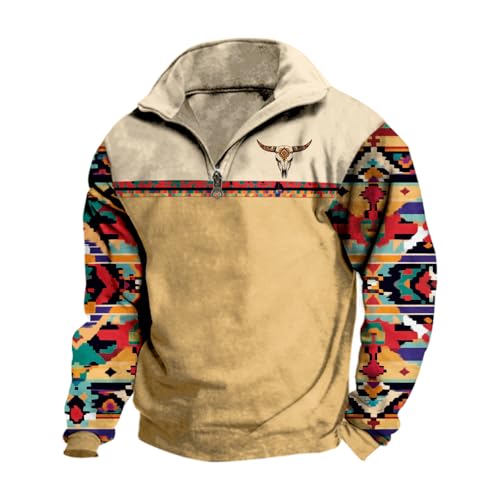 Aztec Cowboy Mens Hoodie Vintage Graphic Western Hoodies Casual Long Sleeve 1/4 Zip Pullover Mens Country Jacket