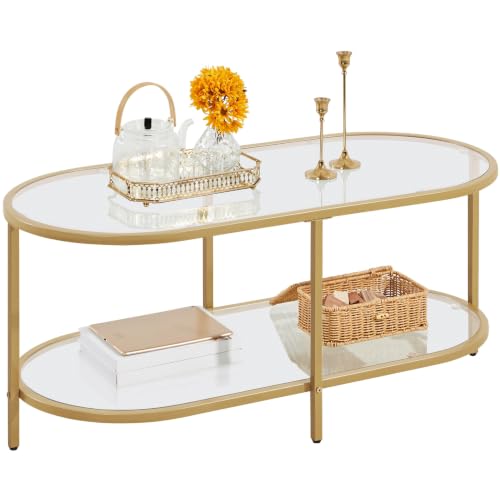 Yaheetech 42' Oval Glass Coffee Table with Storage for Living Room, Gold