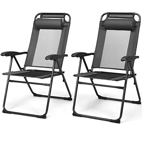 COSTWAY 2er Set Gartenstühle, Klappstühle mit Kopfstütze, klappbarer Outdoor-Stühle mit 6-Fach Verstellbarer Rückenlehne, Hochlehne, atmungsaktiv, für Garten, Terrasse, Hinterhof