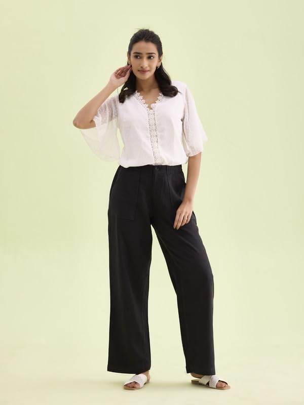 Image of GO COLORS Solid Linen Cargo Pants for Women | Full Length, Mid Rise, Side Pockets