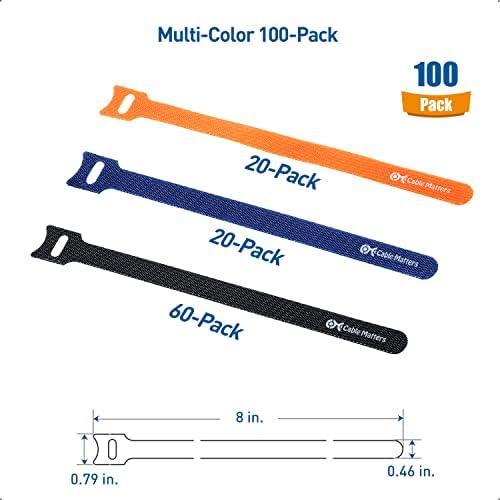 Cable Matters 100-Pack 20cm Reusable Cable Ties / Cable Ties Reusable with 19 KG Tensile Strength - Multi-Color Black, Blue, and Orange Cable Straps, Hook and Loop Straps