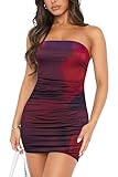 ABMOIU Women's 2024 Floral Tube Mini Dress Strapless Backless Party Club Short Ruched Bodycon Dresses Rose Purple Medium