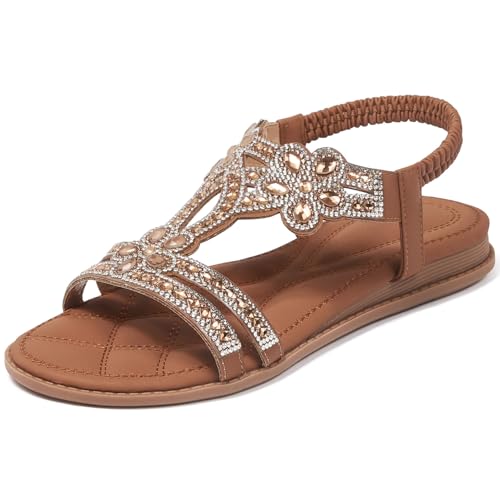 iCKER Women Rhinestone Sandals T-Strap Buckle Bohemian Pearl Crystal Flat Sandals