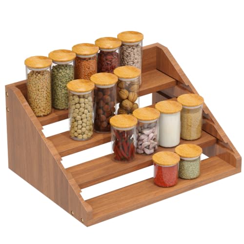 Solid Wood Spice Rack Organizer for Countertop & Cabinet, 4 Tier Adjustable Wooden Spice Shelf with Sliding Track, Premium Step Seasoning Bottle Holder for Kitchen, Pantry & Office, Walnut Brown