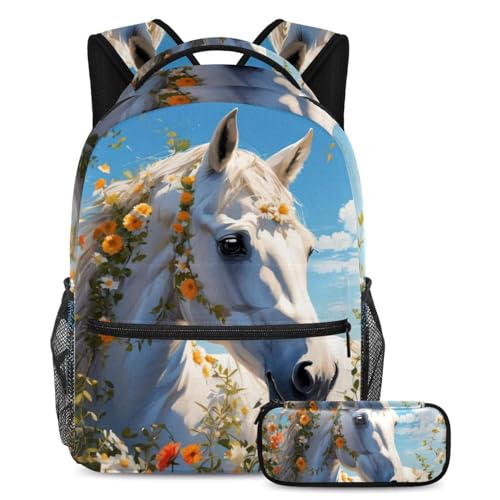 Sac à dos cheval et fleur 2 pièces avec trousse pour l'école et les loisirs des ados