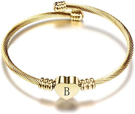 FGT English Letters Initial Cuff Bracelets Gold Love Heart Name Alphabet Bangle Gift for Women Girls Daughter Sister Mum Wife Family Granddaughter Girlfriend Mothers Day Valentine Birthday