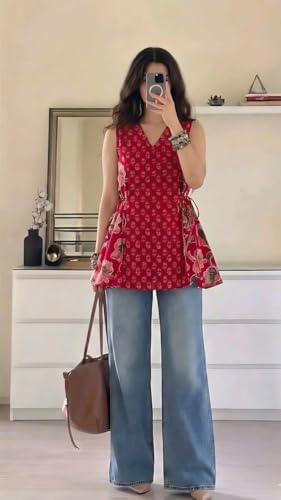 Image of Women's Red Floral Printed Sleeveless V-Neck Peplum Top, Casual Wear
