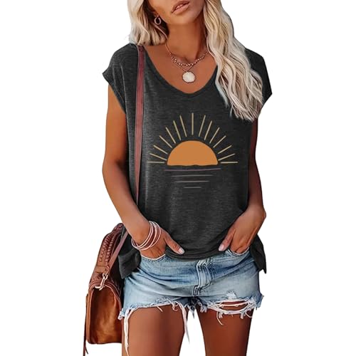 BLACKOO Women's V-Neck Cute Graphic T-Shirt Short Sleeve Casual Basic Top Dark Grey Medium