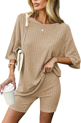 Molirex 2 Piece Summer Shorts Set for Women 3/4 Sleeve Off Shoulder Ribbed Pajamas Matching Outfits Biker Sweatsuits Khaki XL