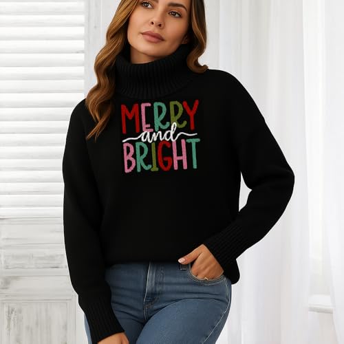 Unisex Merry and Bright Knitted Turtleneck Sweater Long Sleeve Warm Cozy Pullover for Men and Women Soft Comfortable Fit Casual Winter Jumper Holiday Season 04 Turtleneck Sweater XS Black2