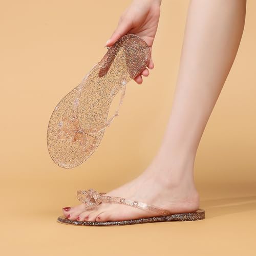 Image of Studded Jelly Shoes for Womens Bow Flip Flops Jellies Sandals Flat Black Summer Beach Thong with Rivets Strappy Slides Slip On