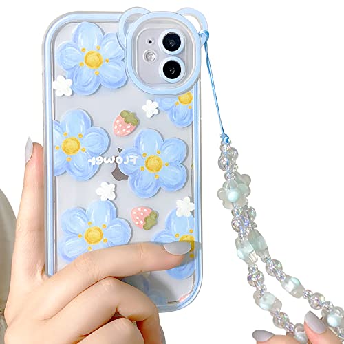 NITITOP Compatible for iPhone 11 Case Clear Cute Flower Floral with Chain for Girls Women Pattern Soft TPU Shockproof Protective Girly for iPhone 11-Blue Flower