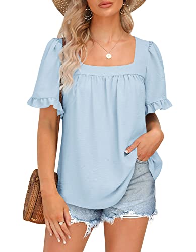 Womens Spring Tops Cute Summer Trendy Short Sleeve Loose Fit Blouses Blue L #TOP1