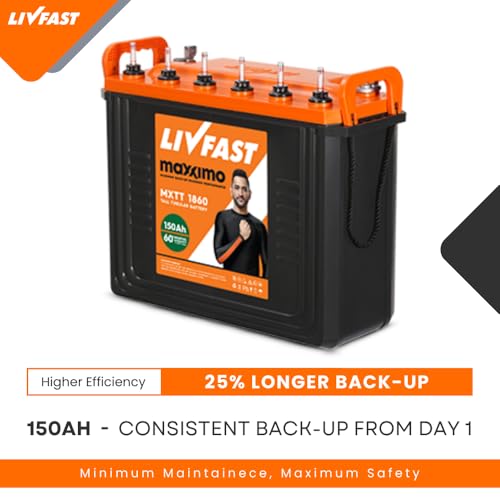 Image of Livfast Maxximo Tall Tubular High-Performance Battery MXTT 1860N | 150 Ah | 60 Months Warranty | Durable Backup Power for Home and Office, Long-Lasting Backup