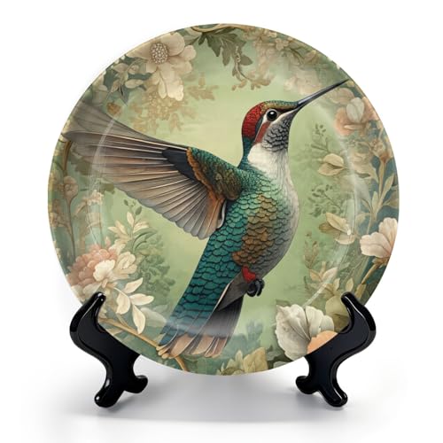 HABEN ARTWORK 8" Ceramic Plates for Display Vintage Floral Bird Textured Nature Botanical Aesthetic Peony Flowers Decorative Plate with Stand and Hook for Kitchen Dining Room Wall Hanging Decor