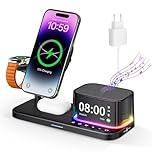CoolBuBu Charging Station,25W QI2.2 Fast Wireless Charger For iPhone17 16 15 14 13 Pro Max,Charger Stand For Apple Watch/AirPods/Samsung Watch,Docking Station with Clock,Light,Bluetooth Speaker-Black