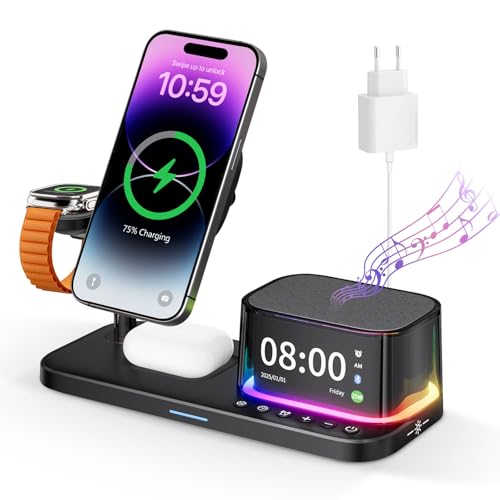 Image of 6 In 1 Wireless Charging Station with Alarm Clock,Wireless Charger For iPhone17 16 15 14 13 12 Pro Max Apple Watch AirPods,25W QI2.2 Fast Charger,Bedside Docking Station with Speaker,Night Light